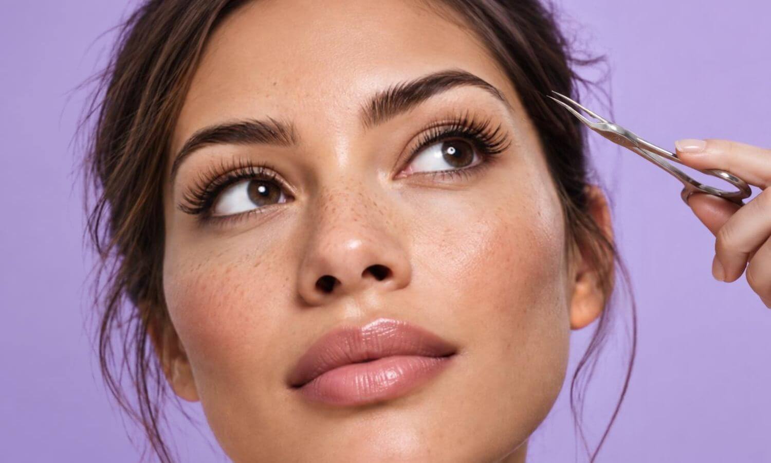 girls face with long lashes tweezers in hand